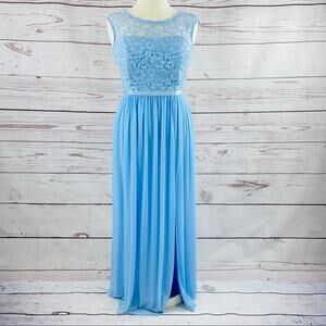 David's Bridal light blue lace bust front slit sheer overlay